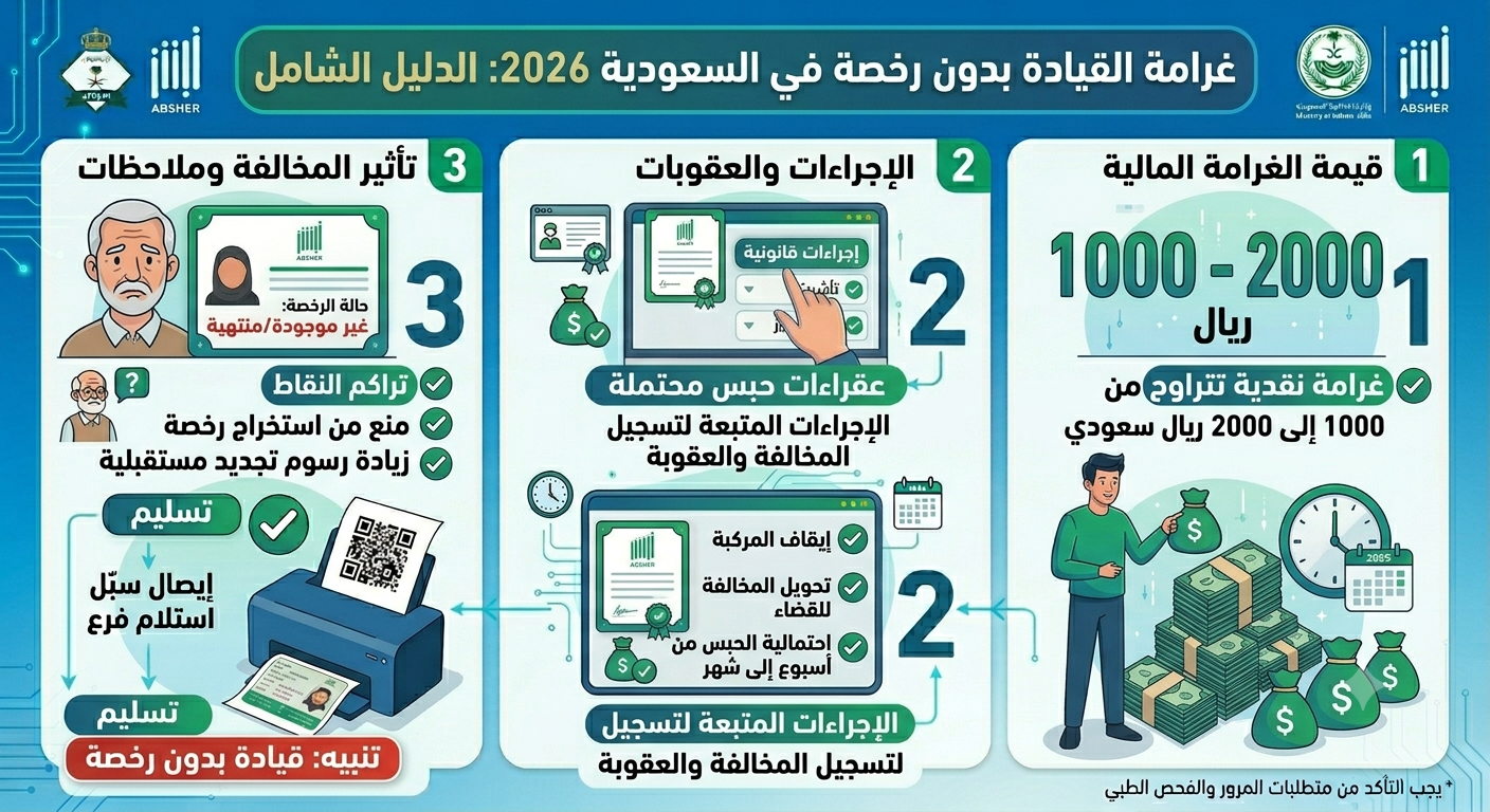 غرامة القيادة بدون رخصة في السعودية 2026